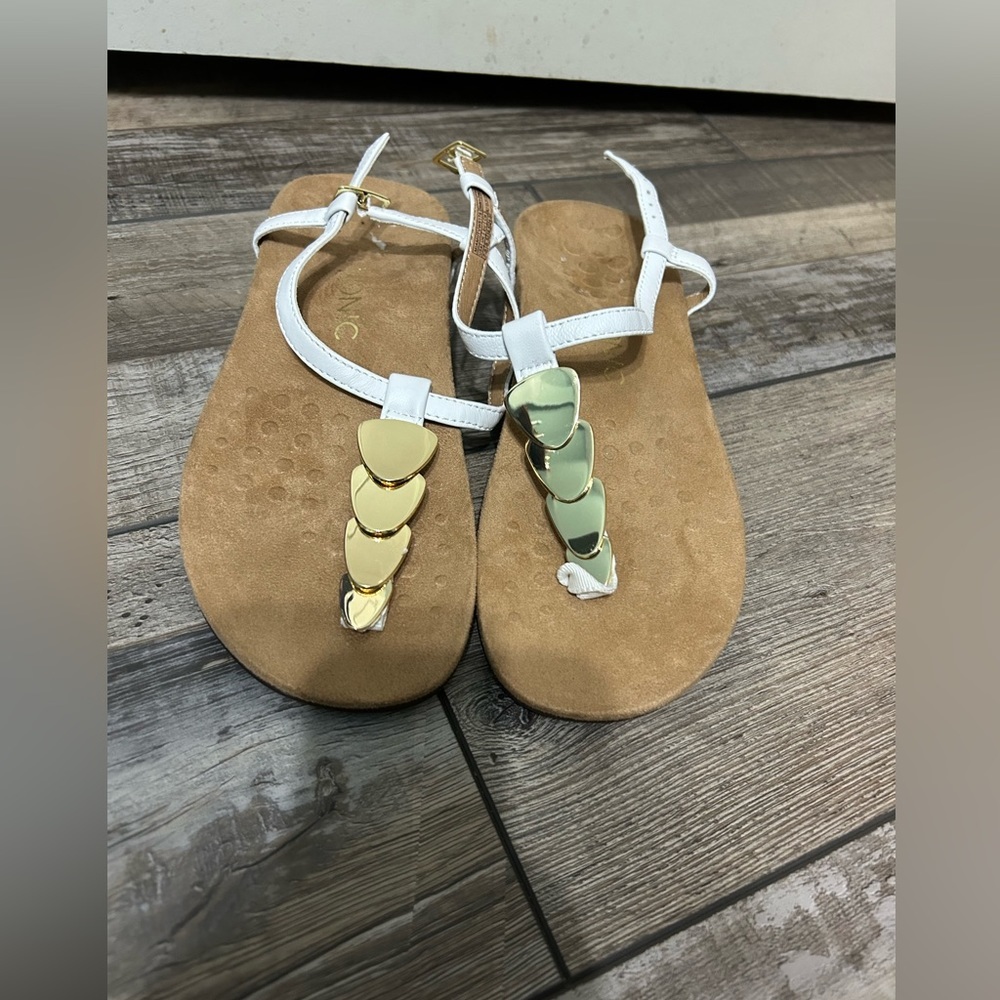 Vionic Gold and White Sandals with T-Strap Design